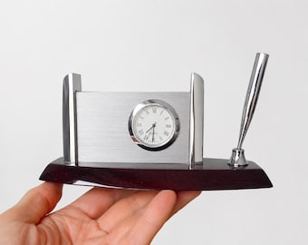 Vintage Desk Clock with Pen Holder Wood Base Retro Japanese Office Decor Luxury Corporate Executive Gift Polished Silver Table Timepiece