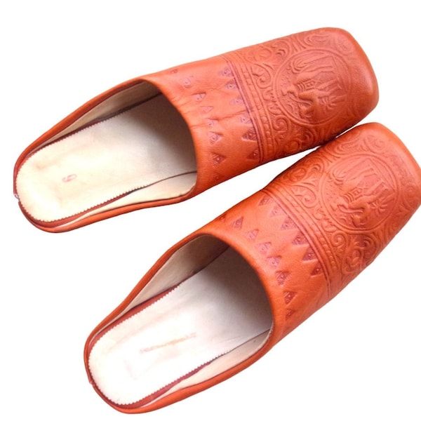 Handcrafted Moroccan Babouche Leather Slippers Boho Mules Ethnic Sandals Square Toe Ethnic Footwear Tooled Detailing Low Heel Summer Mules