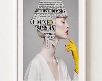 Avant Garde Art Newspaper Collage, High Fashion Print Digital Download, Surreal Portrait Magazine Poster, Trendy Dopamine Room Decor