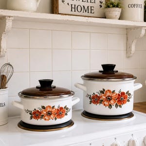 Spring 70s Enamel Pots Floral Steel Cookware Set Vintage Duo