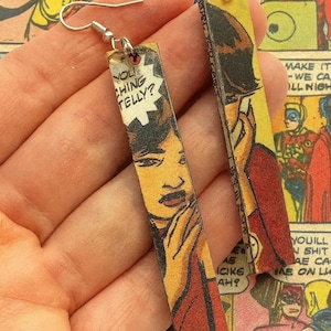 Pendientes de cómic: estilo pop art retro, papel reciclado, pendientes ligeros, colgantes rojo y beige