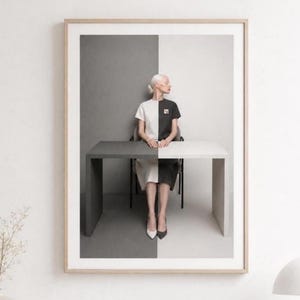 Modern monochrome portrait wall art mockup displayed against a dark moody wall, elegant framed fashion print with realistic glass reflection, decorative vase with white dried leaves, luxury minimalist living room styling.