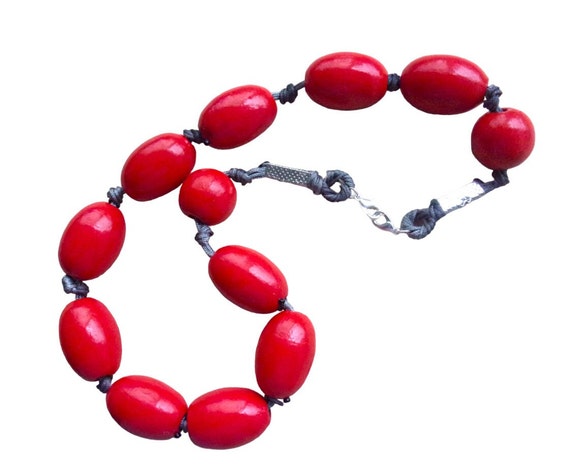 Chunky Red Bead Wood Necklace Stackable with Grey… - image 7