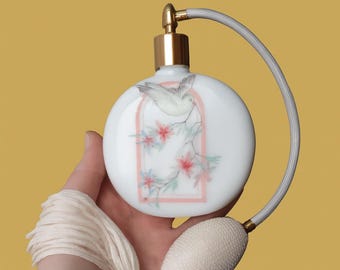 Milk Glass Perfume Bottle: 1930s Art Deco Style, Dove Floral Motif, Gold Atomizer