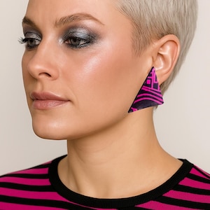 Pink Black Geometric Triangle Studs: 90s Retro Clay Earrings