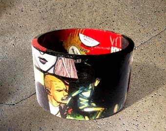 Comic Book Bangle: Retro Geek Chic Style, Recycled Resin, Statement Bracelet, Red Black Design