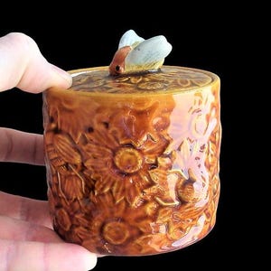 Vintage Portugese majolica suikerpot bijenkorf | Handgeschilderde bij en zonnebloem | MCM Keukendecoratie