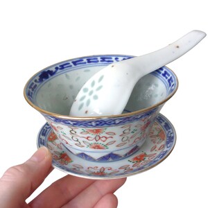 Elegant Vintage Porcelain soup set with Hand Painted Bowl, underplate, and spoon in Blue White China. This Ceramic Trio blends Traditional China aesthetics with Minimalist Chic and Châteaucore Style charm. A refined Elegant Gift and thoughtful Eco Vintage Gift, it suits collectors seeking Porcelain Tableware and unique Retro Kitchenware. Ideal as a Soup Bowl Set or Collectors Item for sustainable, stylish living.