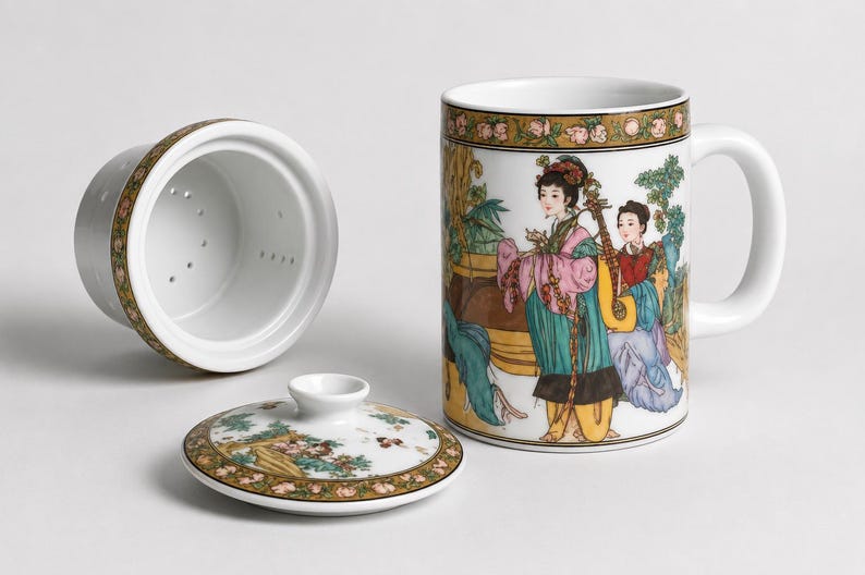 White porcelain three piece tea set including a straight sided mug with a handle decorated with a colorful illustration of asian women playing musical instruments in a garden a matching white ceramic infuser with drainage holes and a round white porcelain lid with floral borders on a plain white background.