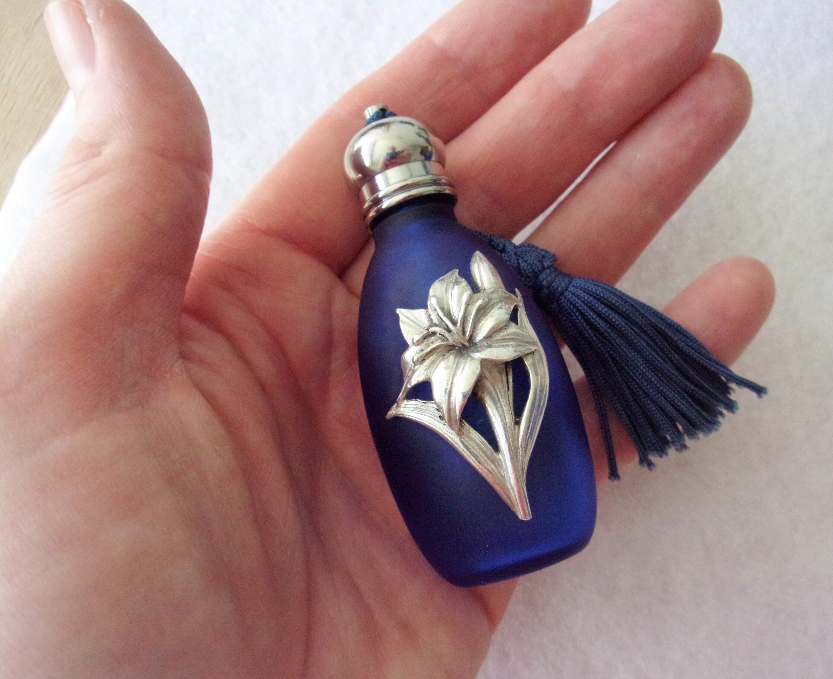 90s Tiny Perfume Bottle Silver Scenes Cobalt Blue Mini Perfume Etsy