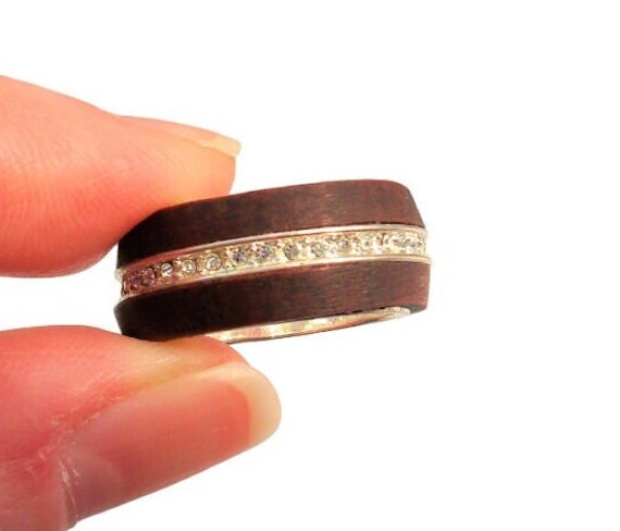 Camille Lucie Vintage Wood Silver Ring Handcrafted Rustic Ring French Designer Swarovski Crystal Jewelry Everyday Ring Wedding Band Ring UKQ Etsy
