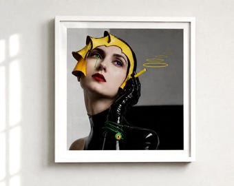 May include: A framed print featuring a person with a yellow scalloped headpiece, red lipstick, and a green tear. They wear a black latex top and gloves, holding a yellow cigarette with smoke rings. A green bracelet with a red center is visible.