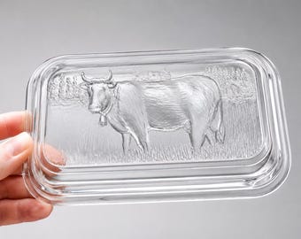 Vintage Cow Butter Dish – Clear Recycled Glass, Embossed Lid, French Glassware, Midcentury Kitchenware
