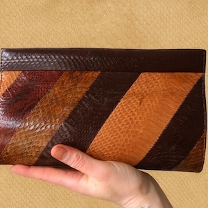 Python Clutch Bag: 80s Retro Style, Genuine Snakeskin, Diagonal Stripe Design, Multicolor Brown Leather