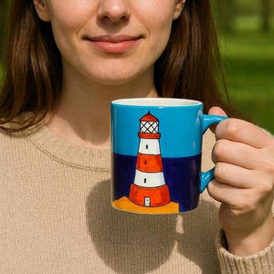 Handmade Ceramic Sailboat Mug Set: Coastal Lighthouse Design