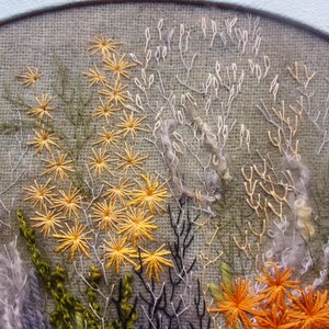 A detailed macro close-up of a hand-embroidered floral meadow study showcasing dense orange and yellow wool yarn sunburst blooms, fine white and green branching stitches, and tightly clustered French knots on a textured linen background, framed by a light blue oval mount.