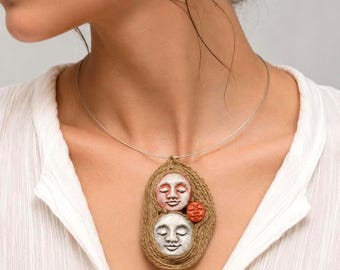 Cameo Triple‑Face Necklace • Sculptural Clay Pendant • Jute Accent • Poetic Aesthetic Jewelry • UK Made