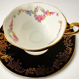 Vintage Queen's Rosina Teacup Set: 1970s Black Gold Floral Bone China