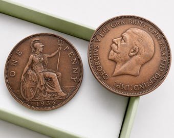 Antique British One Penny Set • George V Era (1928–1936) • Bronze UK Coins • Vintage Numismatic Gift • Dark Academia Desk Decor