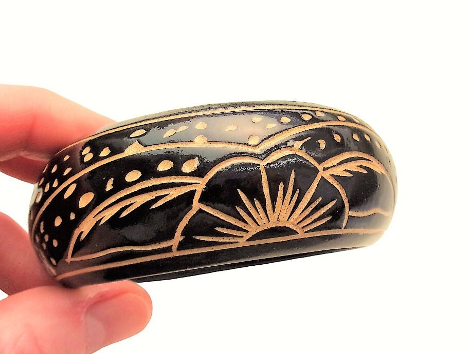 Vintage Wood Bangle Bracelet | Etched Floral Design & Rustic