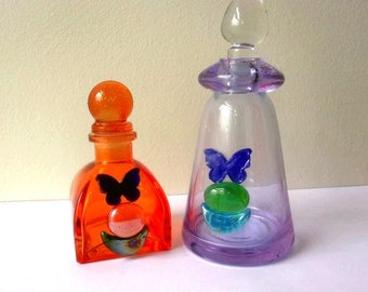 Dichroic Glass Bottles – 1980s Geometric Art Glass Duo, Orange Purple Vanity Decor