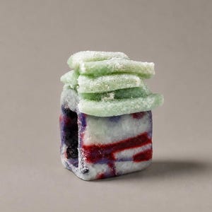Puede incluir: Un objeto pequeño, rectangular y hueco con una superficie texturizada y esmerilada. La base presenta un patrón jaspeado de blanco, rojo oscuro y azul marino. Encima hay varias piezas rectangulares de color verde pálido apiladas con acabado polvoriento.