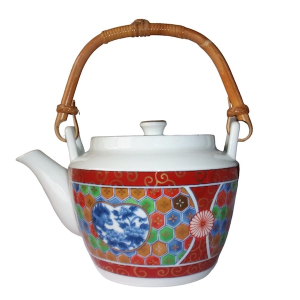 Vintage 1980s Teapot with Oriental Chinese Dragons, Lotus Flower Patterns, and Bamboo Handle