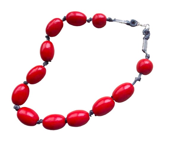 Chunky Red Bead Wood Necklace Stackable with Grey… - image 3