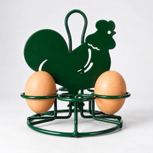 Metalen eierhouder, groene haan met zes ronde houders, landelijke keukendecoratie