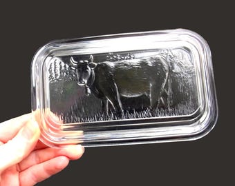 Vintage Cow Butter Dish – Clear Recycled Glass, Embossed Lid, French Glassware, Midcentury Kitchenware