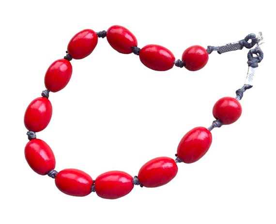Chunky Red Bead Wood Necklace Stackable with Grey… - image 10