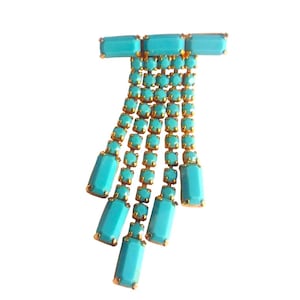 1950s Turquoise Rhinestone Brooch: Gold Tone Midcentury Art Deco Jewelry