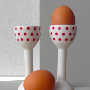 Vintage Egg Cups – Red Polka Dot Ceramic, Le Creuset Stoneware, 7cm Tall, Retro Kitchenware