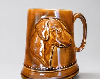Brown Glazed Ceramic Mug • Relief Dog Tankard • Vintage Beer Stein by Sylvac