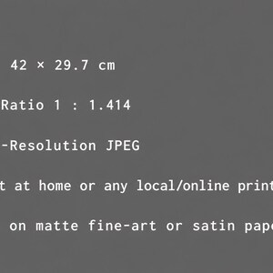 A minimalist grey info card displaying A3 print specifications, including 42 × 29.7 cm size, ISO 1:1.414 aspect ratio, high‑resolution JPEG format, printing instructions, and recommended matte or satin paper.