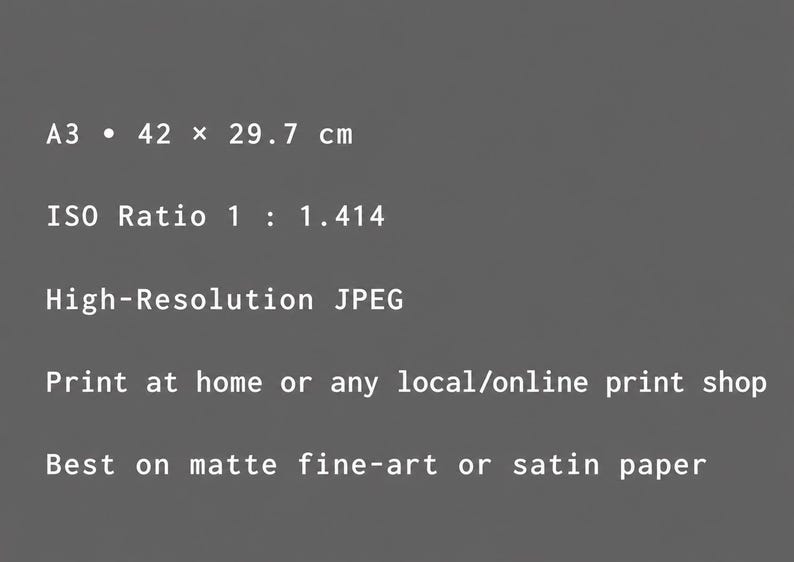 A minimalist grey info card displaying A3 print specifications, including 42 × 29.7 cm size, ISO 1:1.414 aspect ratio, high‑resolution JPEG format, printing instructions, and recommended matte or satin paper.