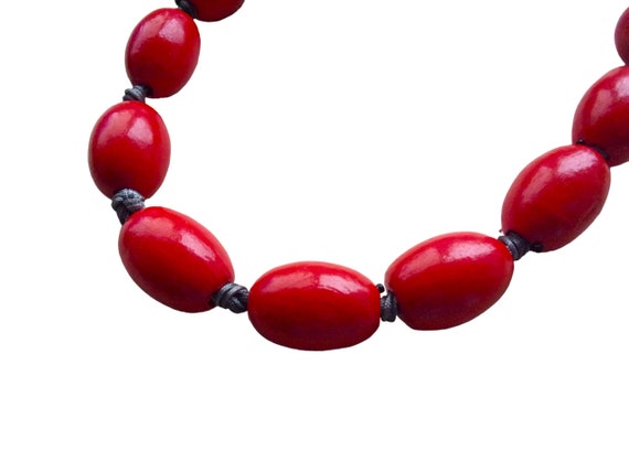 Chunky Red Bead Wood Necklace Stackable with Grey… - image 6