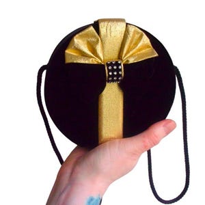 Vintage 80s Black Velvet Clutch: Gold Bow Rhinestone Party Purse