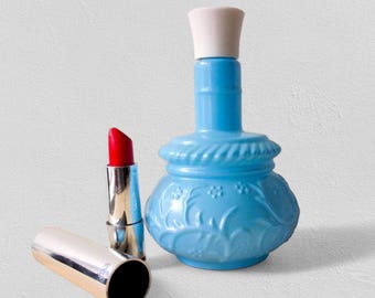 Flakon perfum Avon: styl Mid-century, wazon ze szkła mlecznego, szkło kwiatowe, niebiesko-biały wystrój