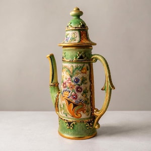 Jarra de mayólica italiana, jarra de cerámica florentina vintage, jarra ornamentada de estilo Liberty con motivos florales pintada a mano, vajilla maximalista hecha a mano.