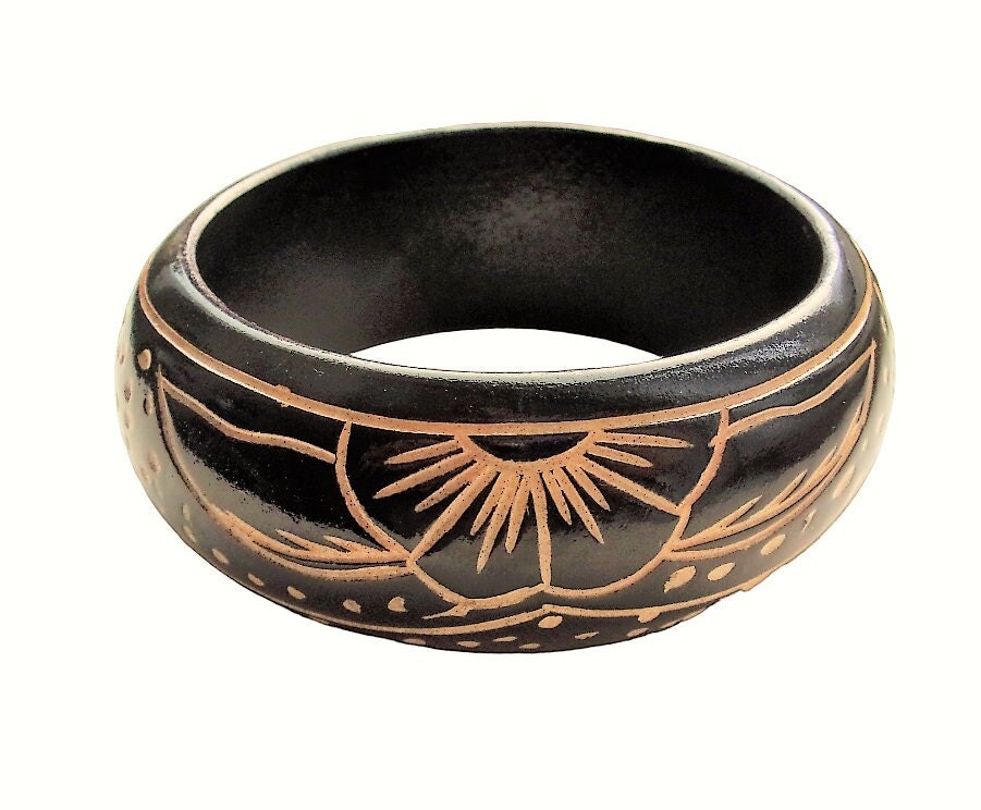 Vintage Wood Bangle Bracelet | Etched Floral Design & Rustic