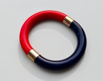 Vintage 80s Bangle: Chunky Mod Style, Geometric Red Blue Design, Lucite Bracelet, Nautical Accent
