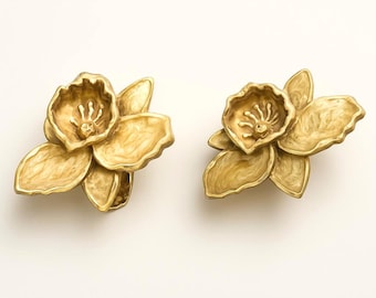 Vintage Orchid Clip-on Earrings: Enamel & Gold 80s Glam