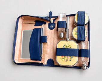 Rare 1940s British Vanity Set in Royal Blue Pebbled Leather – Complete 8-Piece Art Deco Grooming Kit with Hand-Stitched Needlepoint Floral