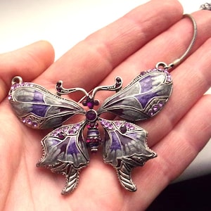 Butterfly Pendant Necklace – Art Nouveau Multistone Design in Dark Purple, Handmade Vintage Jewelry