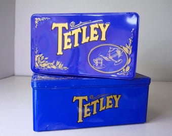 Tetley Tea Tin: Royal Blue Metal Storage, Large Vintage Kitchen Can