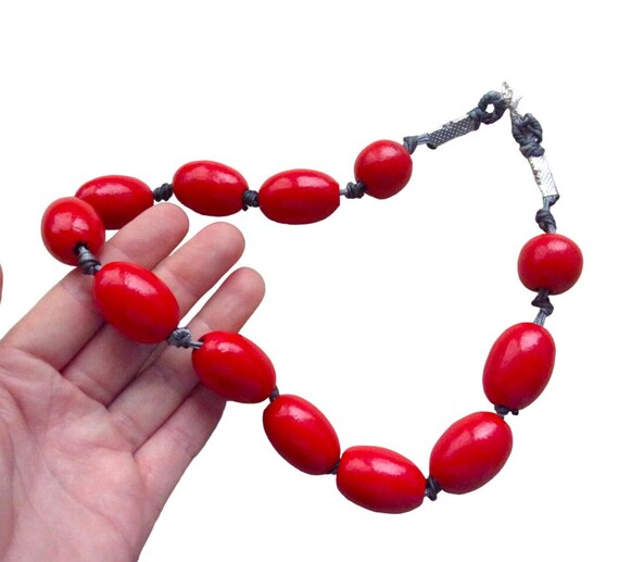 Chunky Red Bead Wood Necklace Stackable with Grey… - image 1