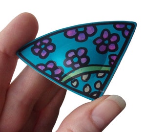 Vintage Blue Floral Triangle Brooch Boho Unisex Accessory Pink Flower Wearable Art Large Metal Handpainted Jewelry Blue Metallic Casual 8cm