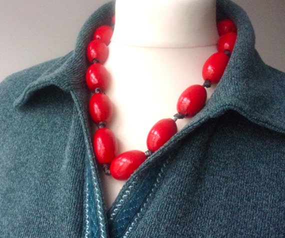 Chunky Red Bead Wood Necklace Stackable with Grey… - image 2