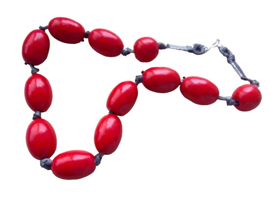 Chunky Red Bead Wood Necklace Stackable with Grey… - image 5